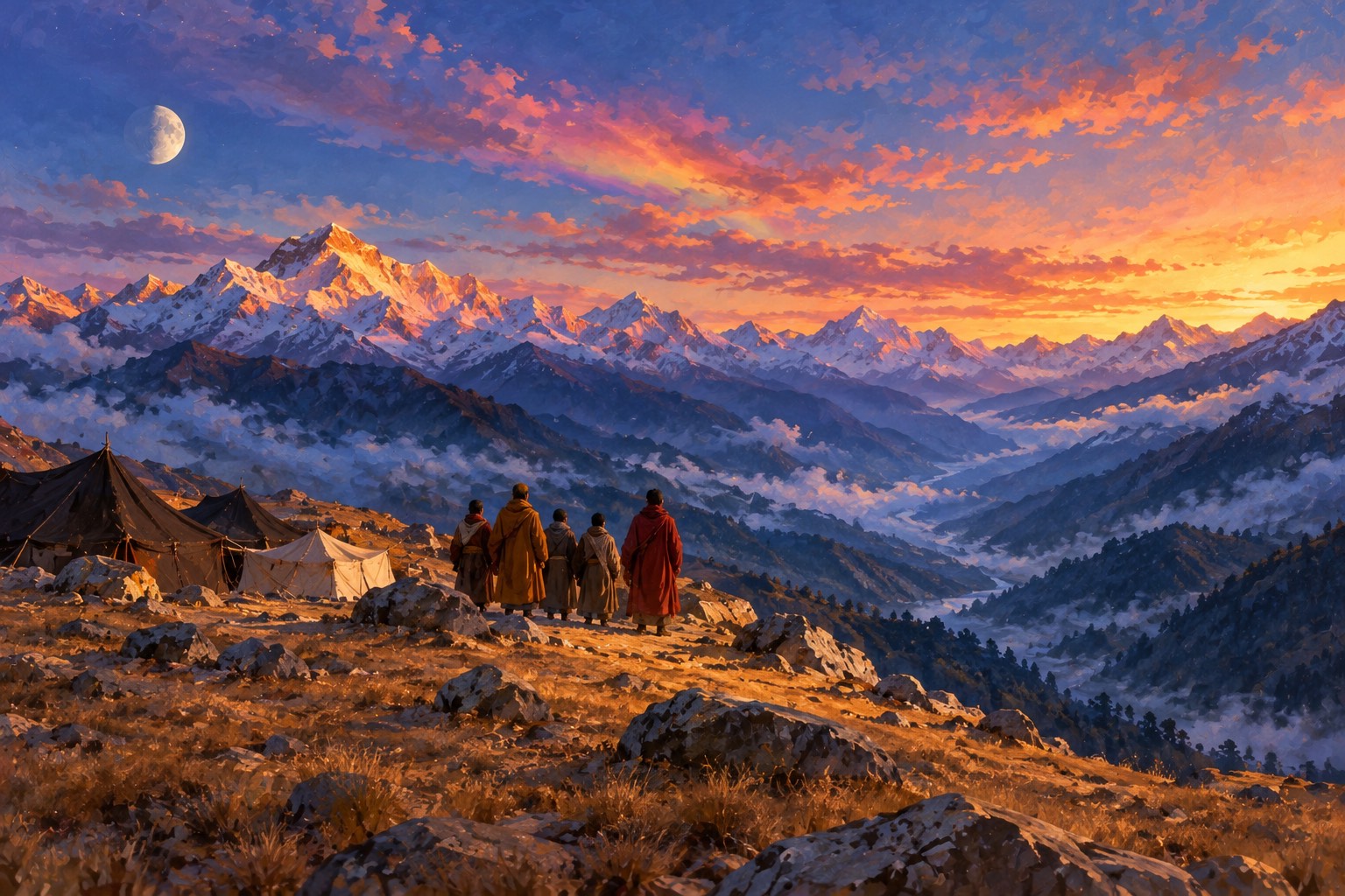 From high above, a small group of robed figures on a sandy mountain pass watch the evening sky to the south-west, where a faint rainbow-tinted cloud fades over snow peaks and misty valleys. A pale moon rises behind them.