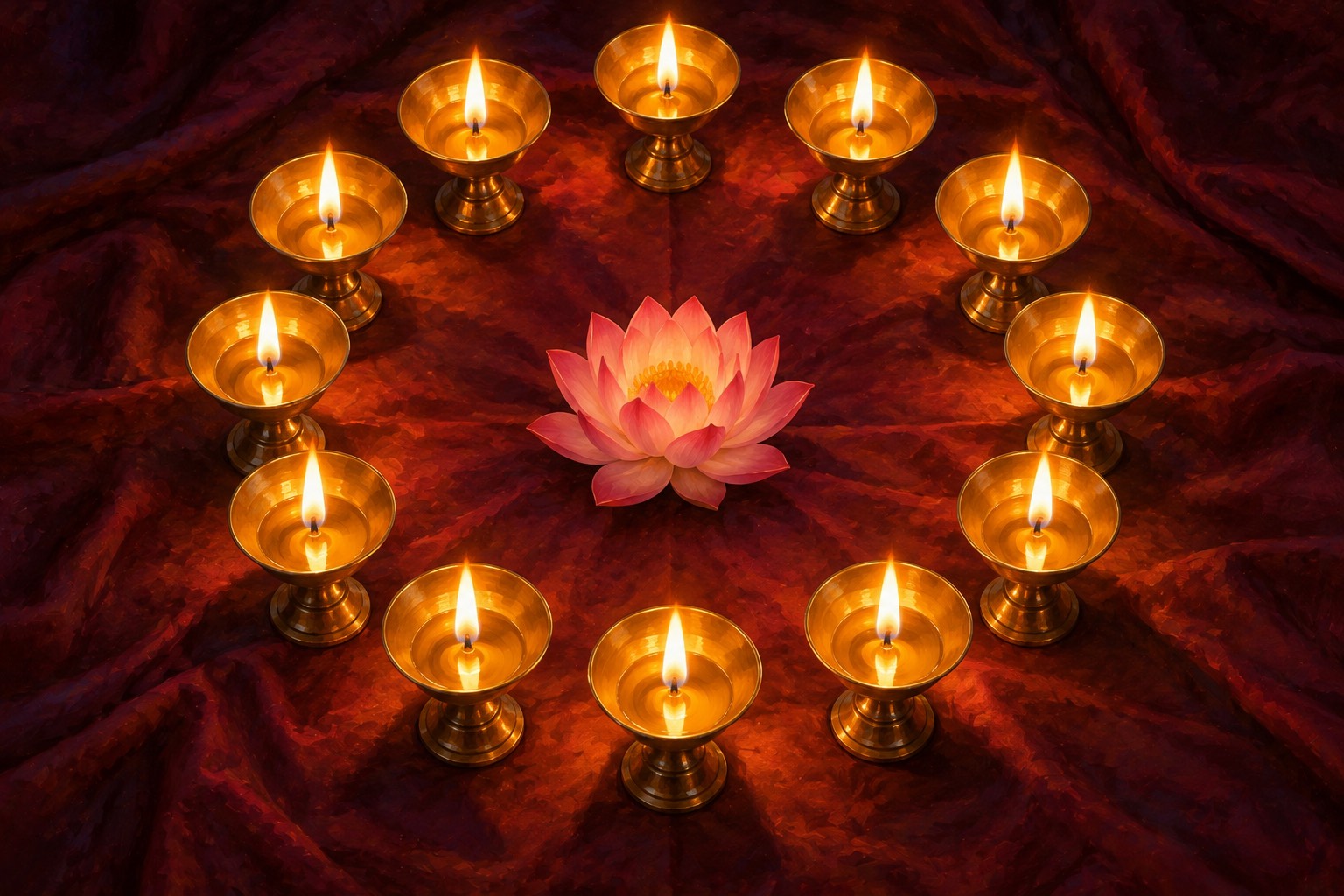 Seen from above, twelve small brass butter lamps burn in a ring on a dark red cloth, like the hours on a clock face, with a single pink lotus flower in the centre.