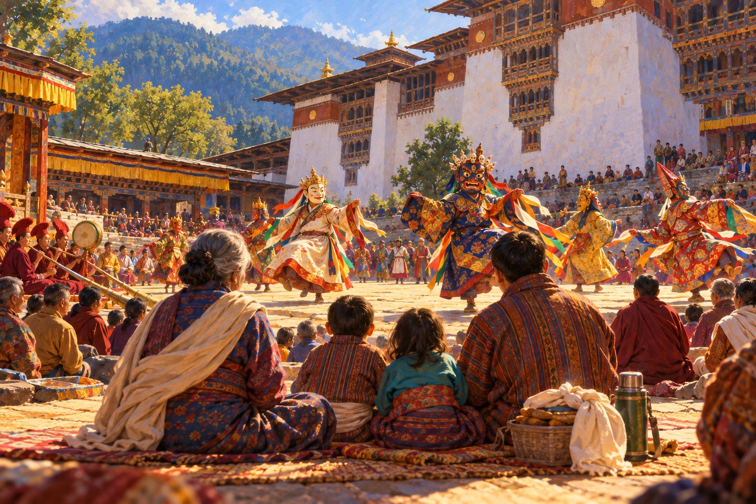 A family seated on a mat, seen from behind, watches masked dancers in brightly coloured brocade robes turning slowly on an open festival ground beneath the white walls of a fortress.