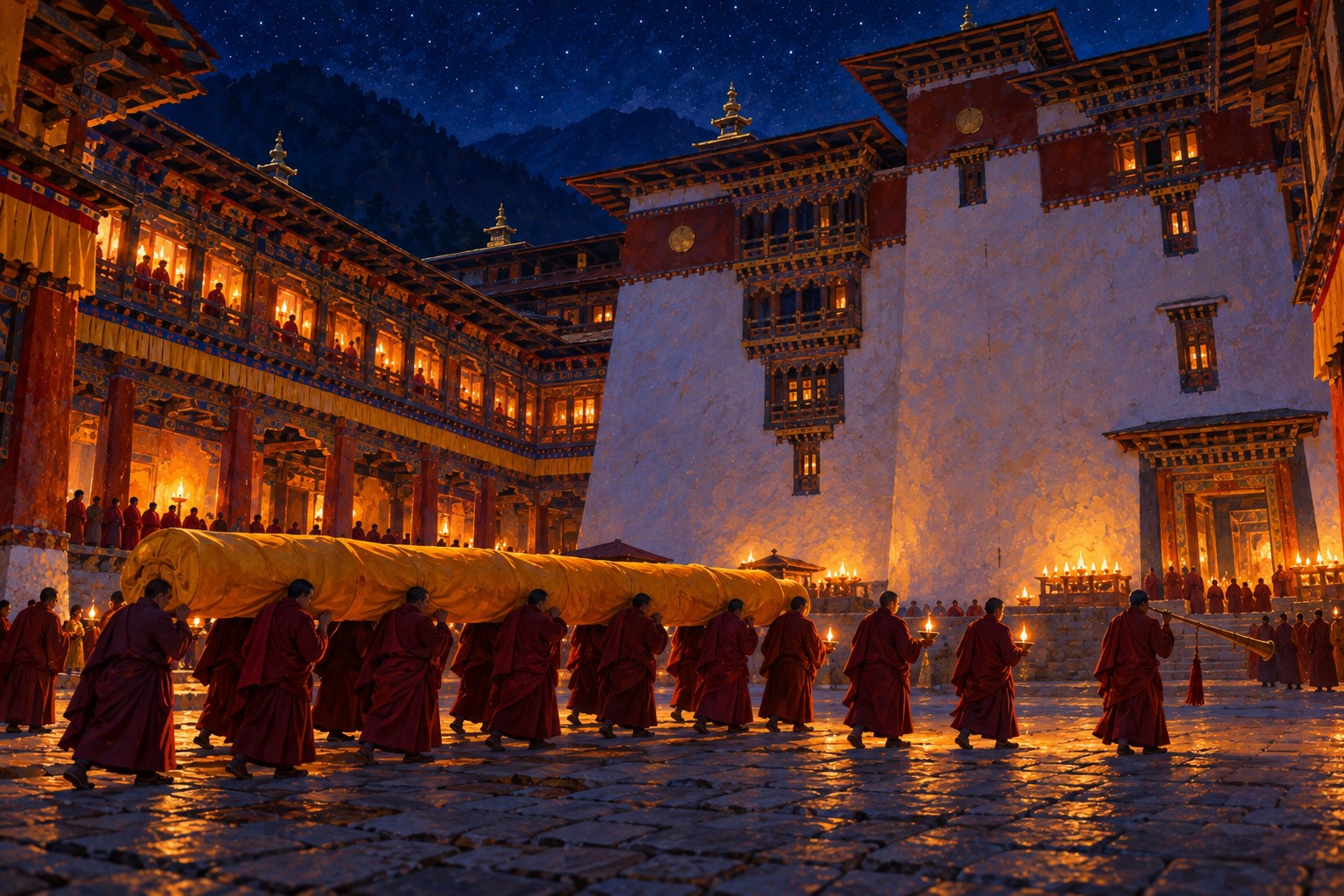 In the dark before dawn, a long line of monks in maroon robes crosses a fortress courtyard, carrying an enormous rolled banner wrapped in yellow silk on their shoulders, lit only by small lamps under a starry sky.