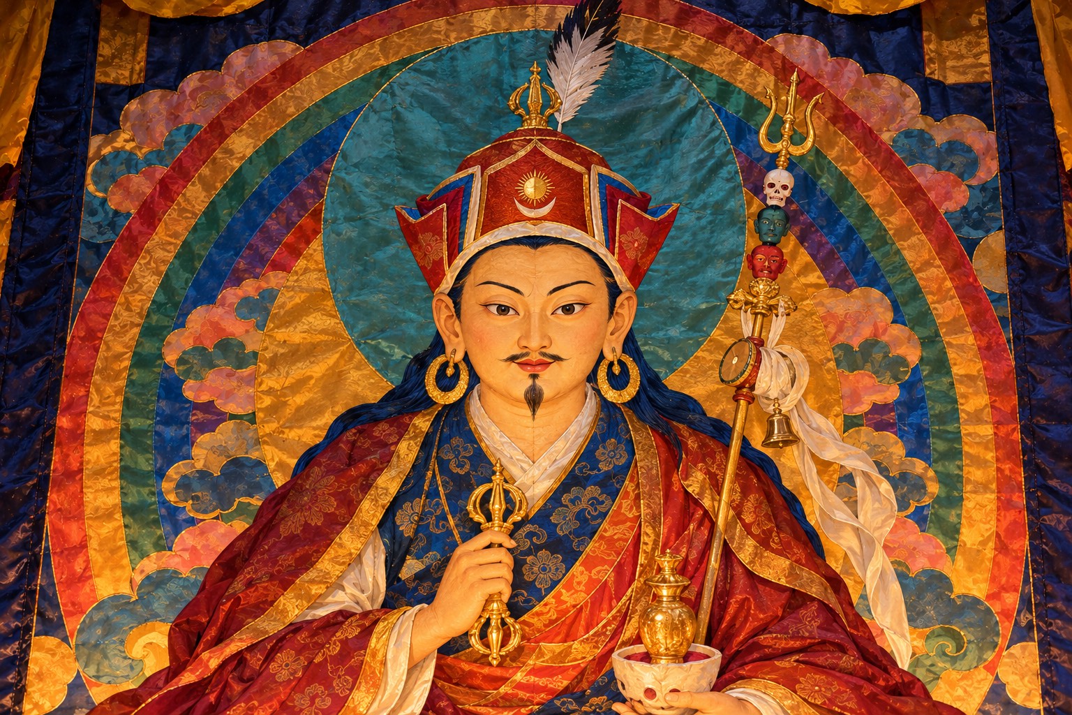 A close view of Guru Rinpoche's face and lotus hat on the giant banner, every colour a separate piece of shining stitched silk with raised seams, rainbow bands behind him, in soft dawn light.
