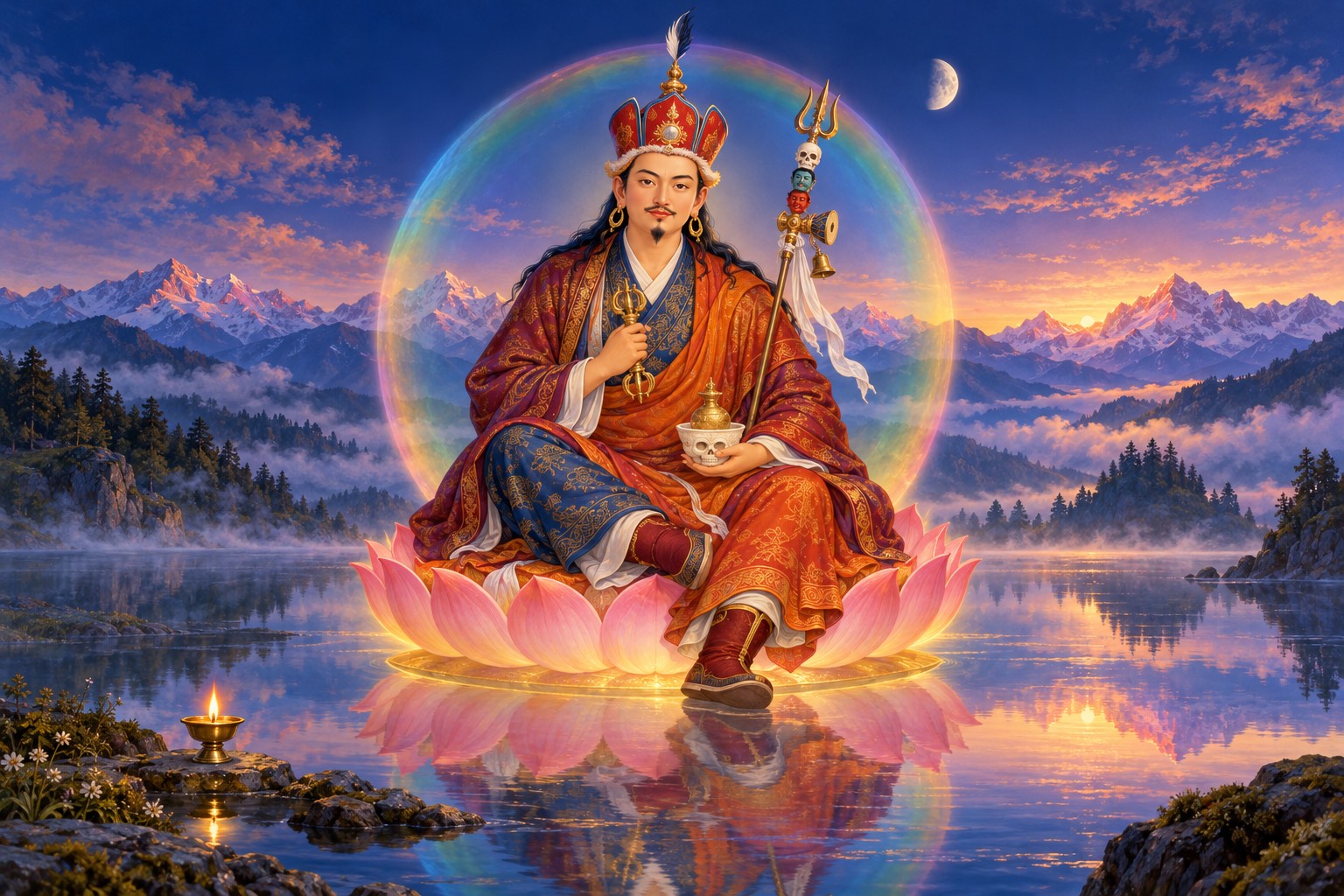 Guru Rinpoche sits on a pink lotus above a still lake inside a soft rainbow, looking straight out with a kind, steady gaze. A half moon hangs in the dark blue sky, and a single small lamp burns on a stone at the water's edge.