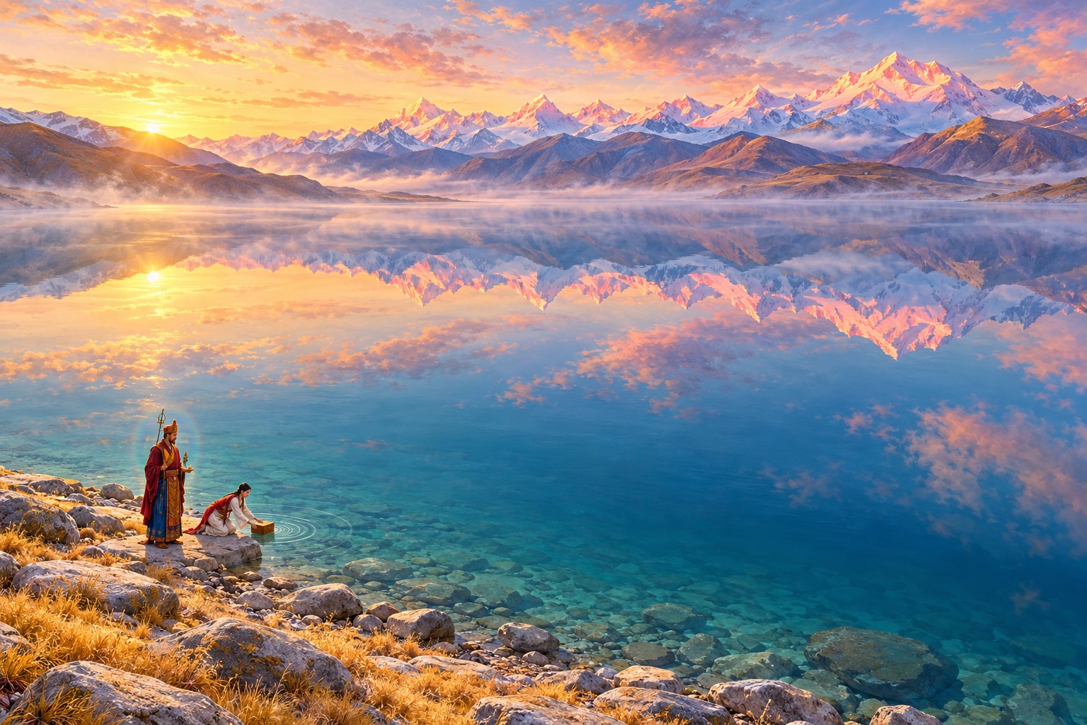 Seen from high above, a huge still turquoise lake at dawn mirrors pink snow peaks. Tiny on the stony shore, Guru Rinpoche stands while Yeshe Tsogyal kneels and lowers a small casket into the water.