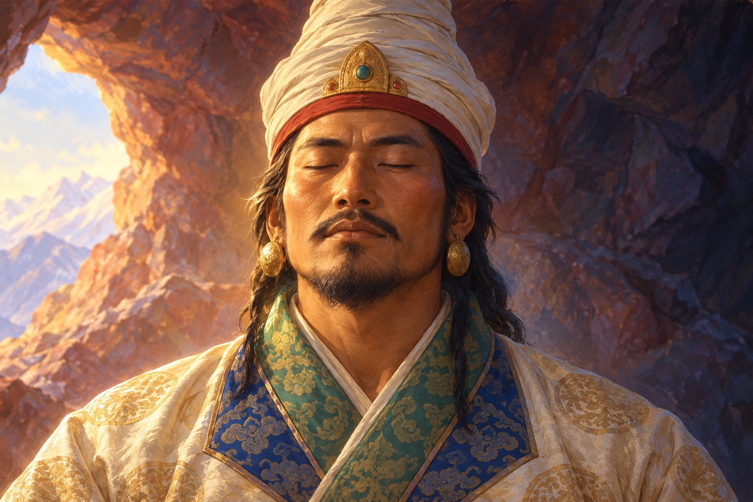 A close portrait of King Trisong Detsen in his tall cream turban, eyes closed and face peaceful, lit by soft morning light against blurred red rock.