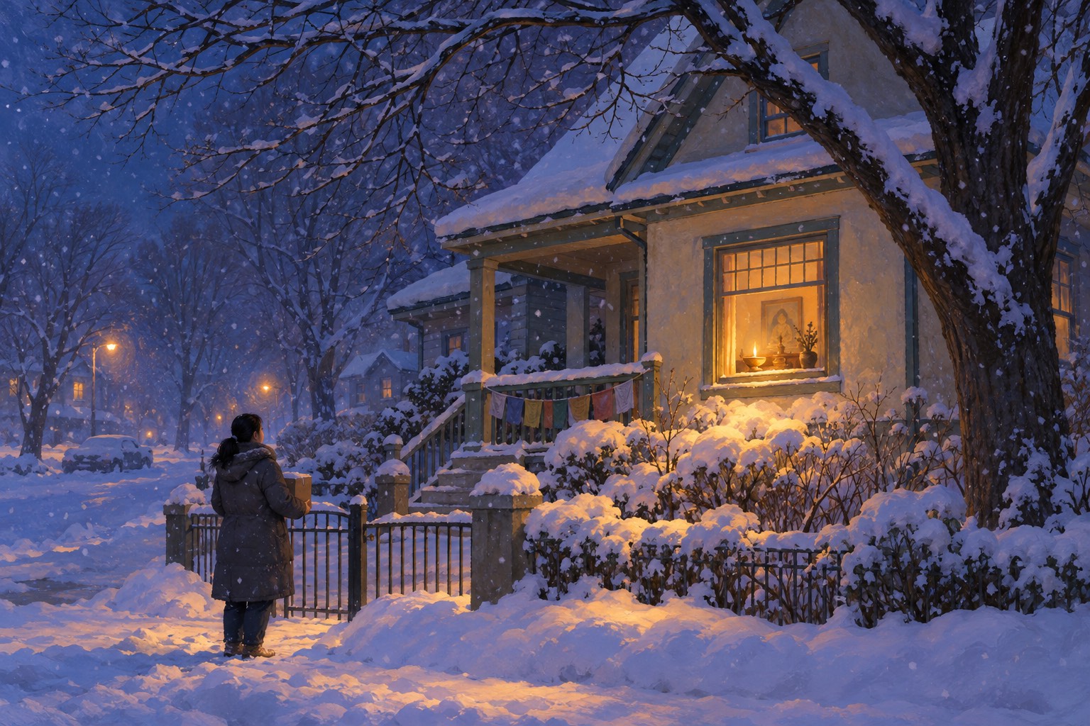 A small snow-covered house on a street corner at blue hour, one warm lamp glowing in its front window. A woman seen from behind stands at the gate holding a box.