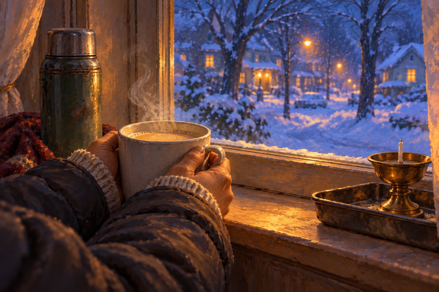 Two hands in coat sleeves holding a steaming mug of milky tea beside a dented thermos on a windowsill at dusk.