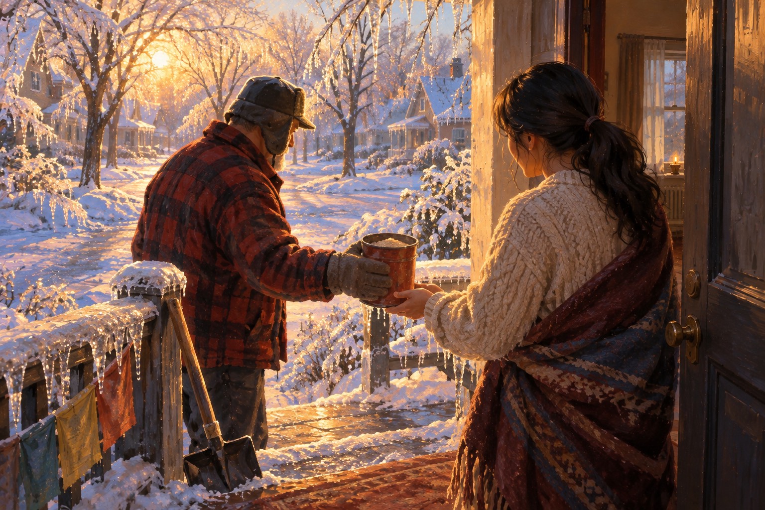 At an open front door on an icy morning, an old man in a plaid jacket hands a can of sand to a woman wrapped in a blanket.