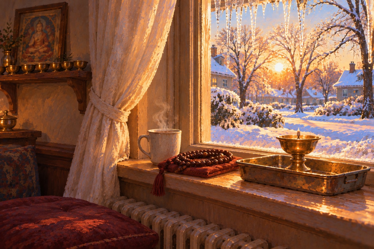 A brass lamp with a fresh wick, a coiled string of prayer beads and a mug of tea sit on a windowsill as dawn light melts icicles outside.