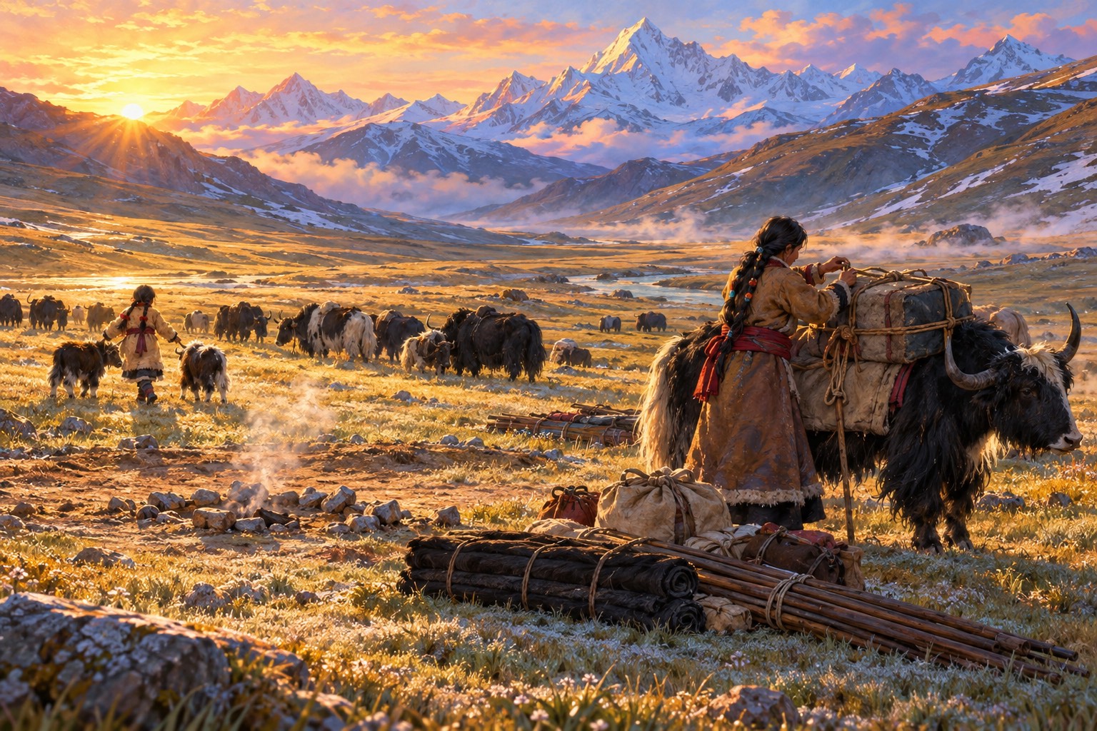 A woman in a sheepskin coat ties a felt-wrapped chest onto a black yak beside the folded strips of a black tent, while a girl behind her pushes two stubborn calves toward the herd.