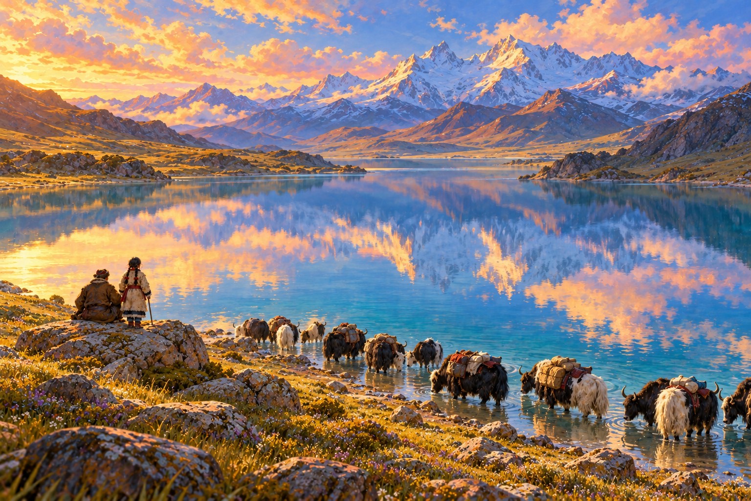 Seen from high above, laden yaks drink at the edge of a long, still mountain lake that mirrors the clouds. A tiny old man sits on a rock by the shore with a girl beside him.