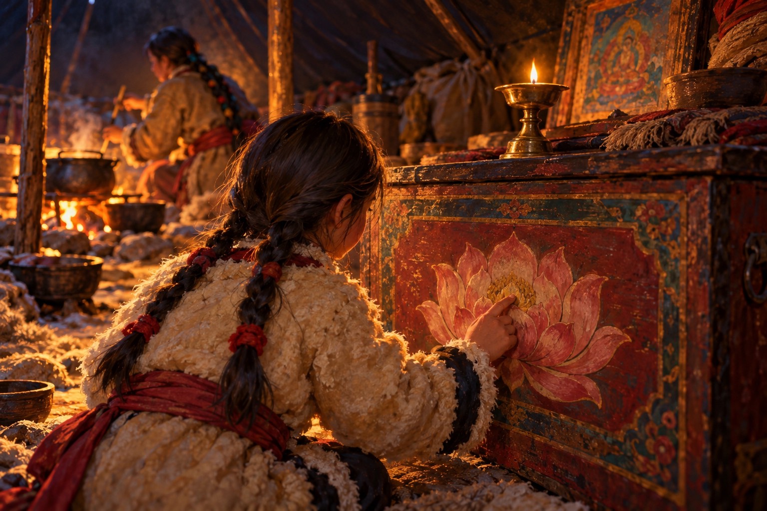 In firelight, a child's fingertip rests on the centre of a pink lotus painted on an old wooden chest, darkened by smoke. A woman stirs a pot by the fire in the blurred background.