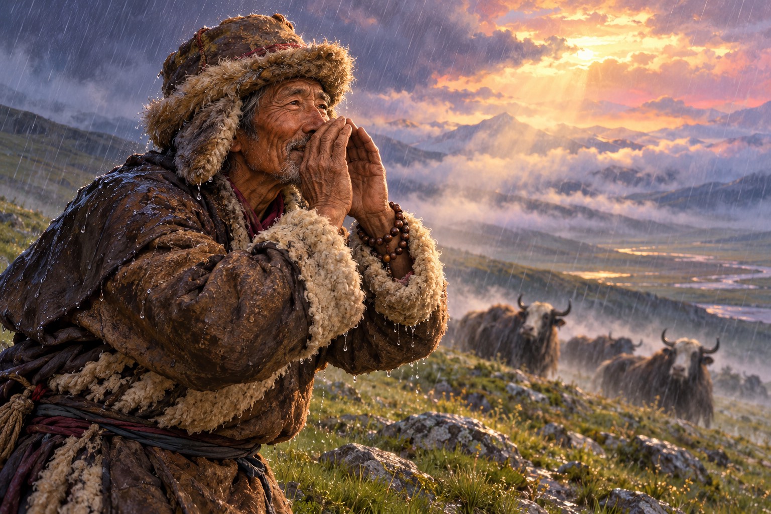 An old man in a wet sheepskin coat and fur-trimmed hat cups his hands around his mouth to call across a rainy hillside, where yaks lift their heads.
