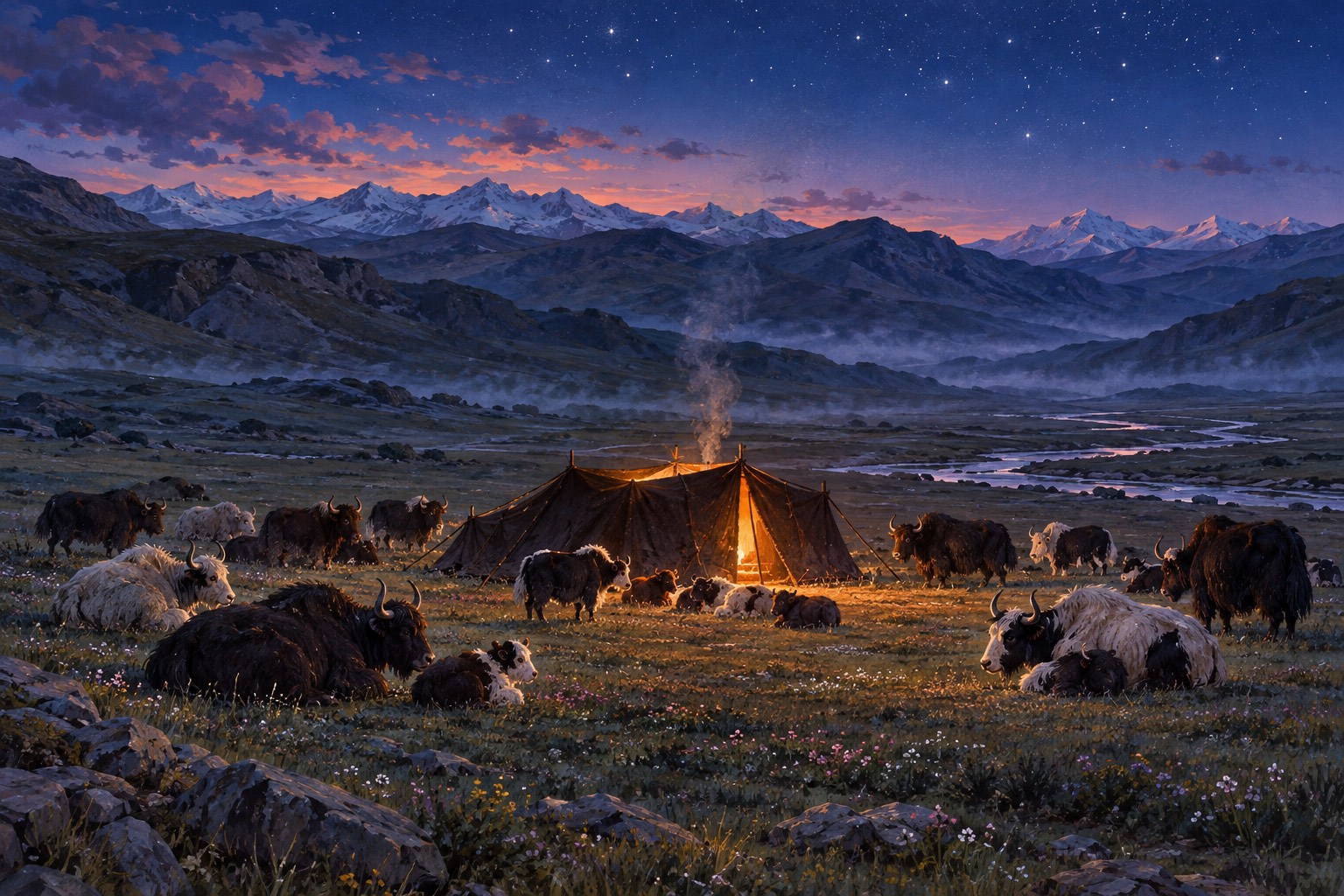 At blue hour, yaks settle in a loose ring around a single black tent whose smoke opening glows warm, calves gathered near the middle.