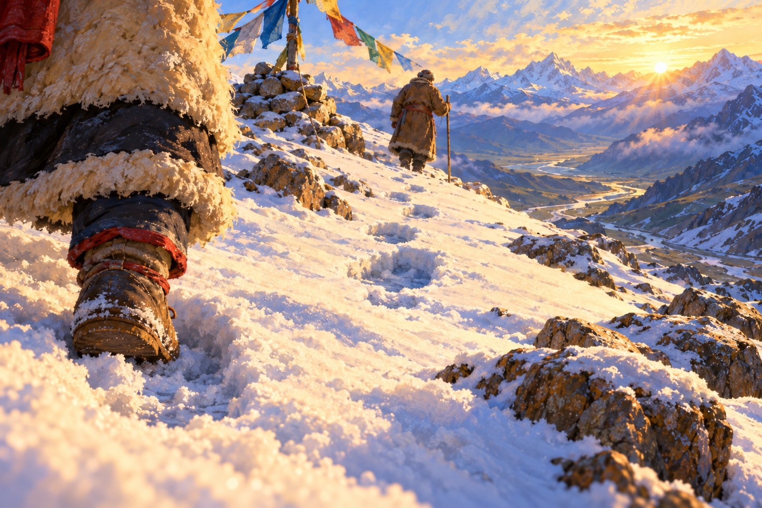 Close to the ground on fresh snow, a child's small boot stretches to step inside one of a line of large adult bootprints leading up the slope.