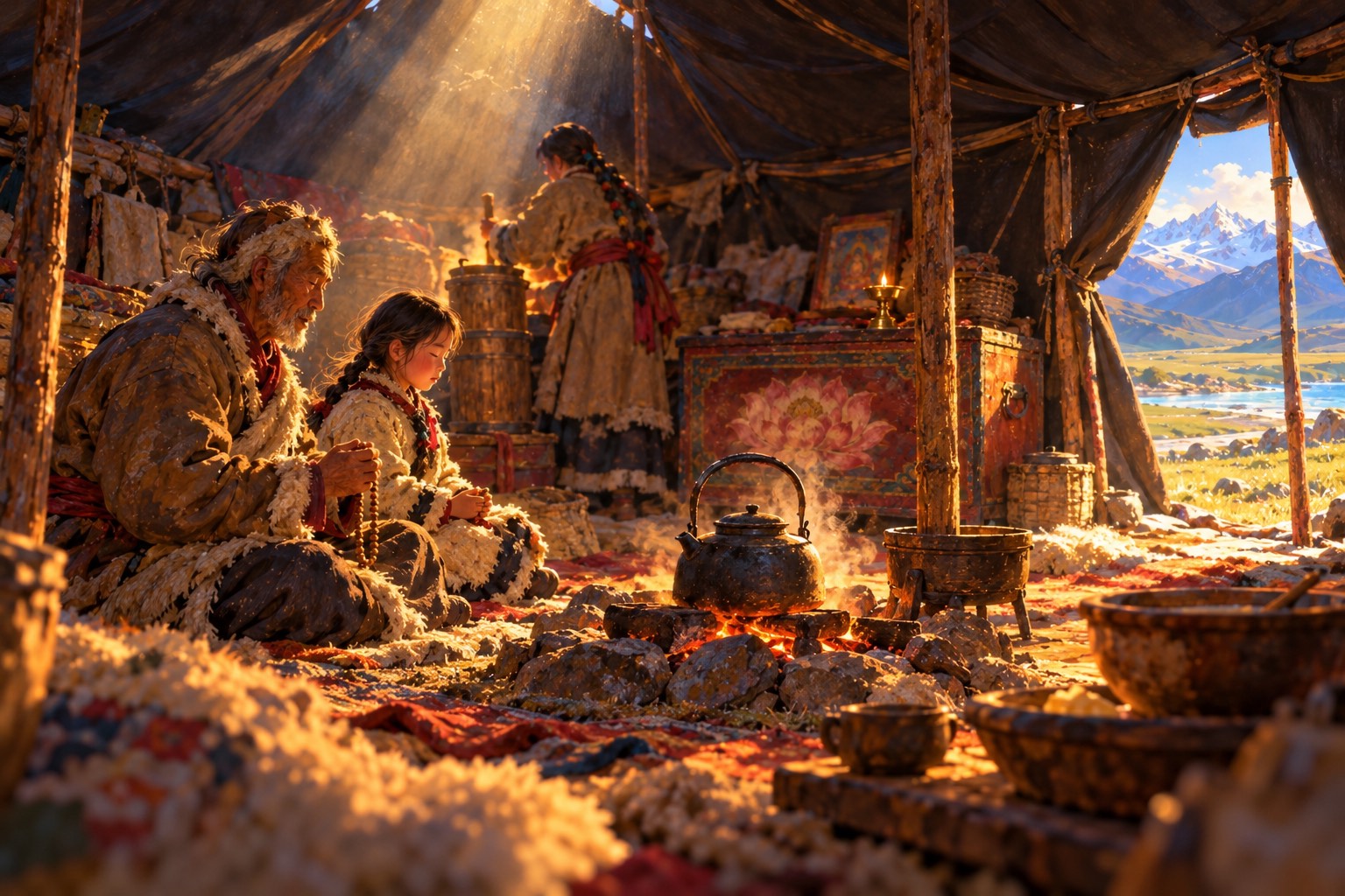 Inside a black tent at morning, an old man and a girl sit side by side at the hearth, reciting quietly, while sunlight falls through the roof opening onto the steam from the tea pot. The painted chest stands behind them.