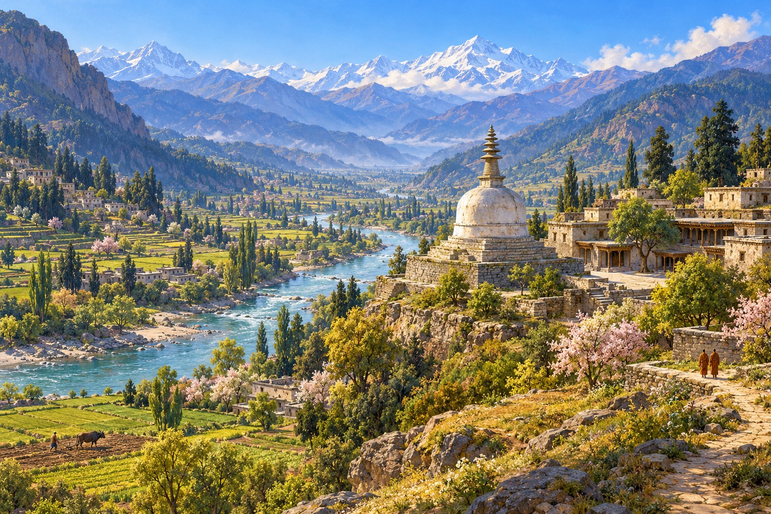 A green mountain valley with a winding river, terraced fields and orchards, small stone villages on the slopes, a white dome-shaped shrine on a stepped base, and snowy peaks in the distance. Two tiny monks in ochre robes walk a path.