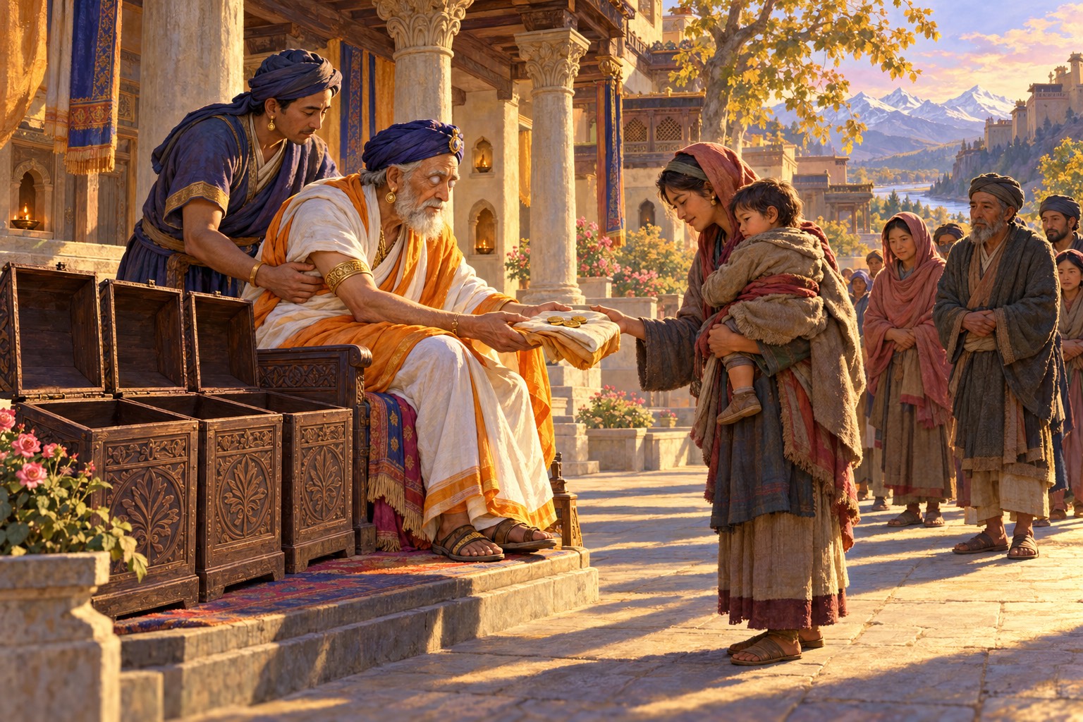 An elderly king with a grey beard and clouded eyes, guided by an attendant, gives the last coins and a cloth to a poor mother holding a child. Behind him, wooden treasure chests stand open and empty in a sunlit stone courtyard.