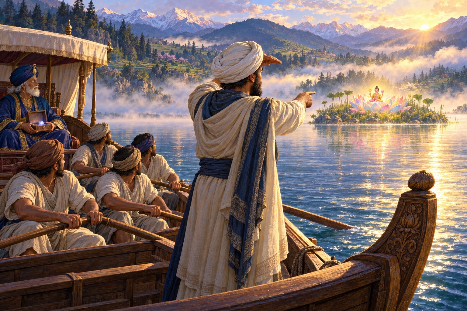 From inside a wooden boat, a bearded minister in a white turban stands at the prow pointing in astonishment across the water toward a distant island where a tiny glowing child sits on a lotus. Behind him the old king holds a small casket with a glowing jewel.