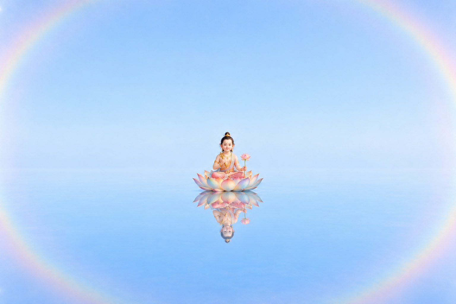 A tiny child seated on a lotus floats in the middle of an immense pale-blue emptiness where a still lake and a cloudless sky merge into one, his reflection mirrored below him.