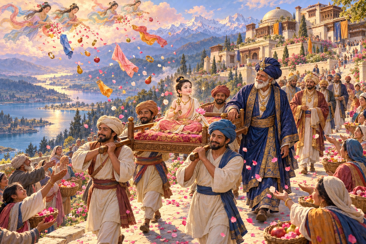 A joyful procession climbs from a lakeshore toward a pale stone palace. A boy holding a small scepter and lotus is carried on an open seat, the old king walking beside him, while townspeople cheer and flower petals, cloth and fruit fall gently from the sky.