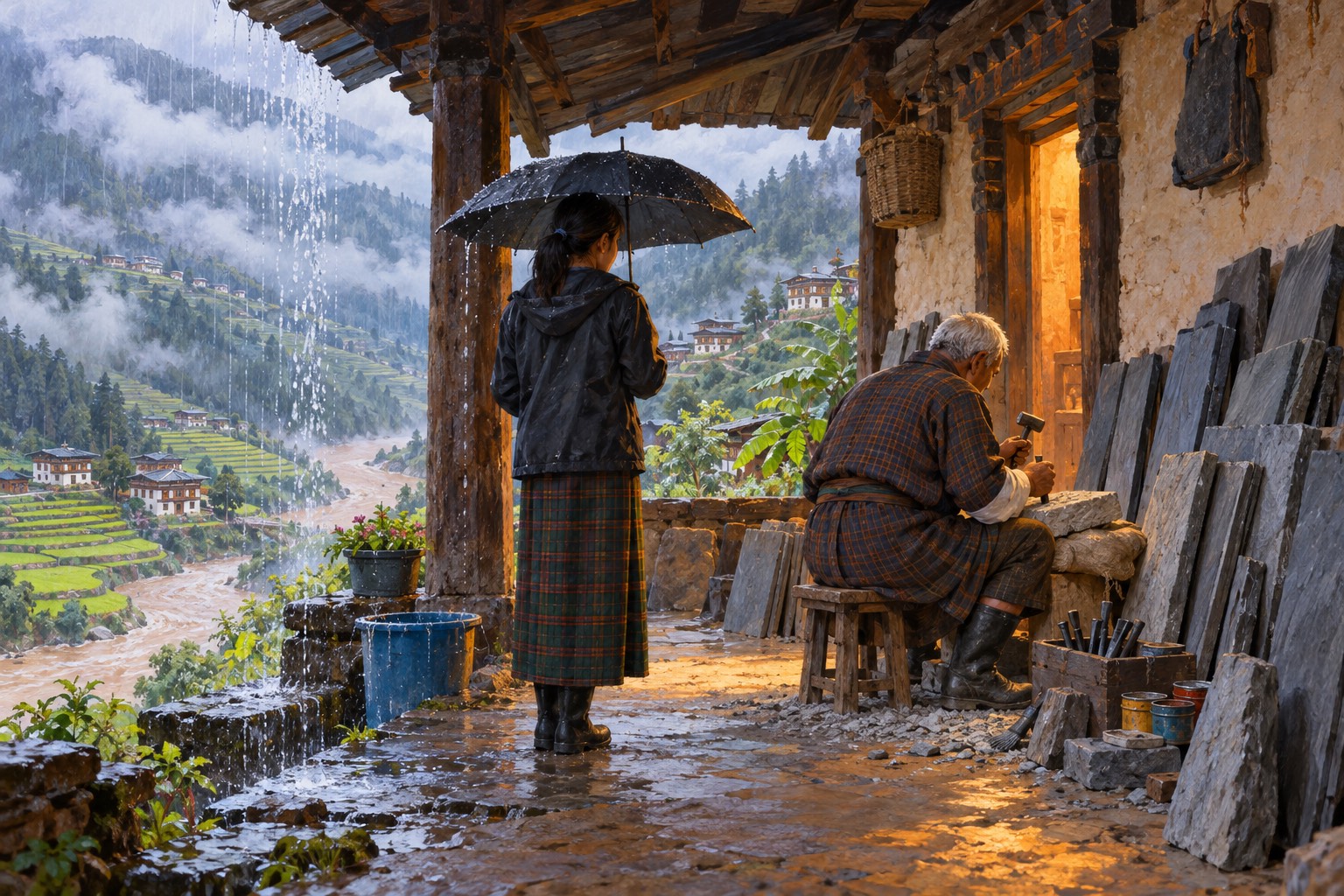 Under the eaves of an old farmhouse in pouring rain, an old man bends over a slab of slate with a chisel while a girl with a dripping umbrella waits behind him.