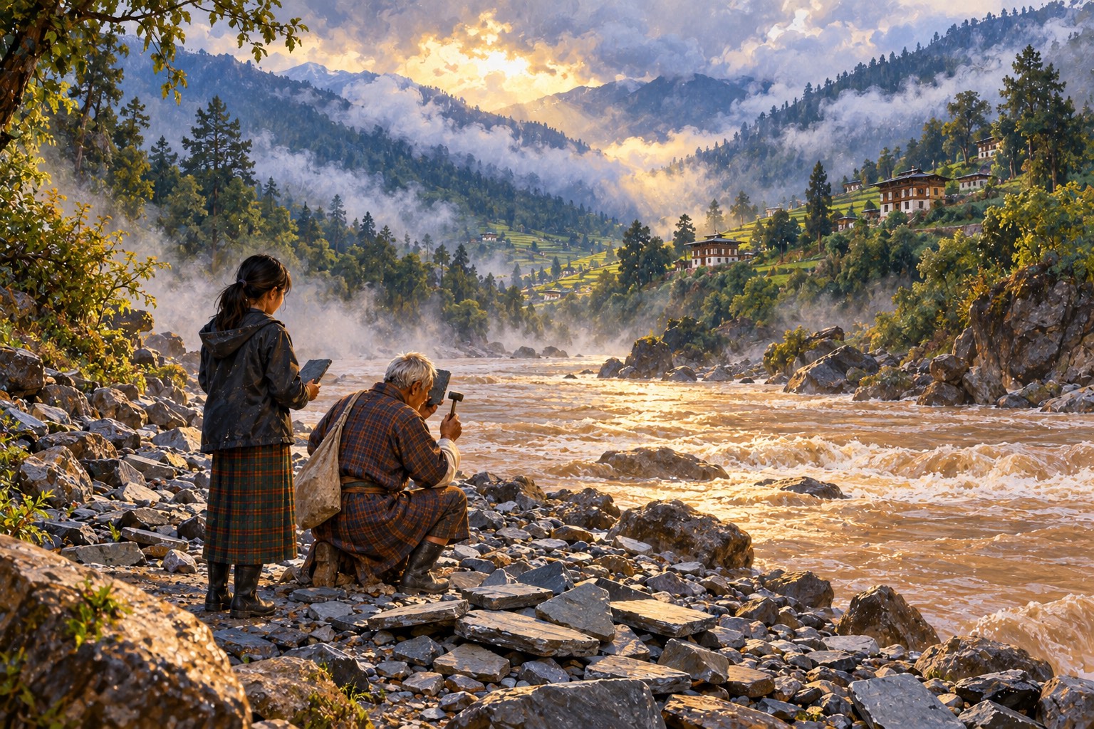 Seen from above, an old man and a girl stand on a bank of grey stones beside a high brown river; he holds a flat stone to his ear and taps it.