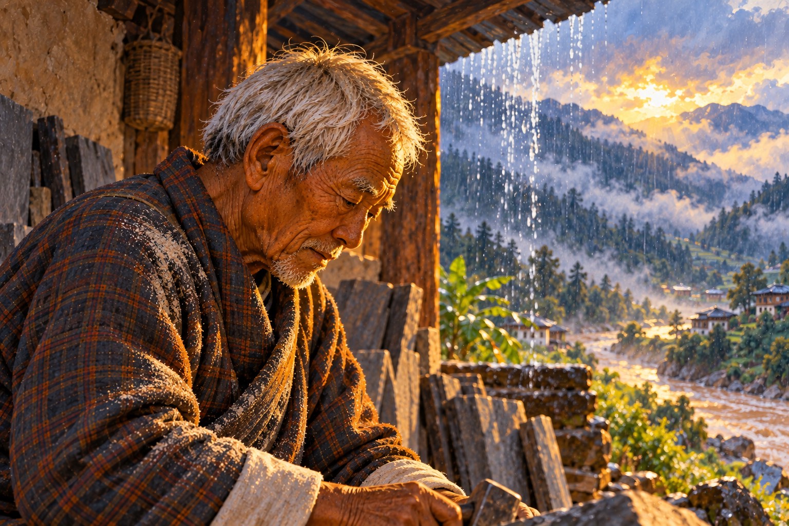 Close up, an old man in soft profile with stone dust on his eyebrows and shoulder, eyes lowered to his work, lips moving, rain falling behind him.
