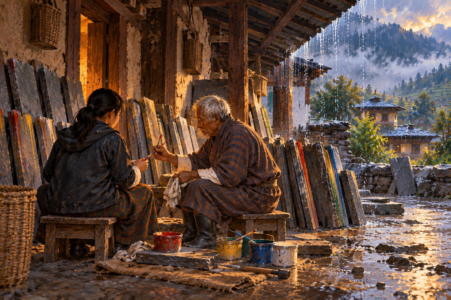 Rows of slate slabs dry with their faces to a wall under dripping eaves while an old man hands a paintbrush back to a girl seated on a stool.