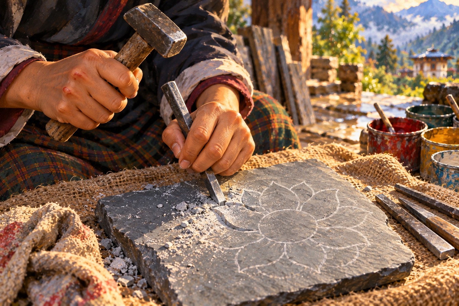 Close up, a girl's blistered hands hold a chisel and hammer over a grey slate slab marked in chalk with the outline of a lotus, one petal already cut.