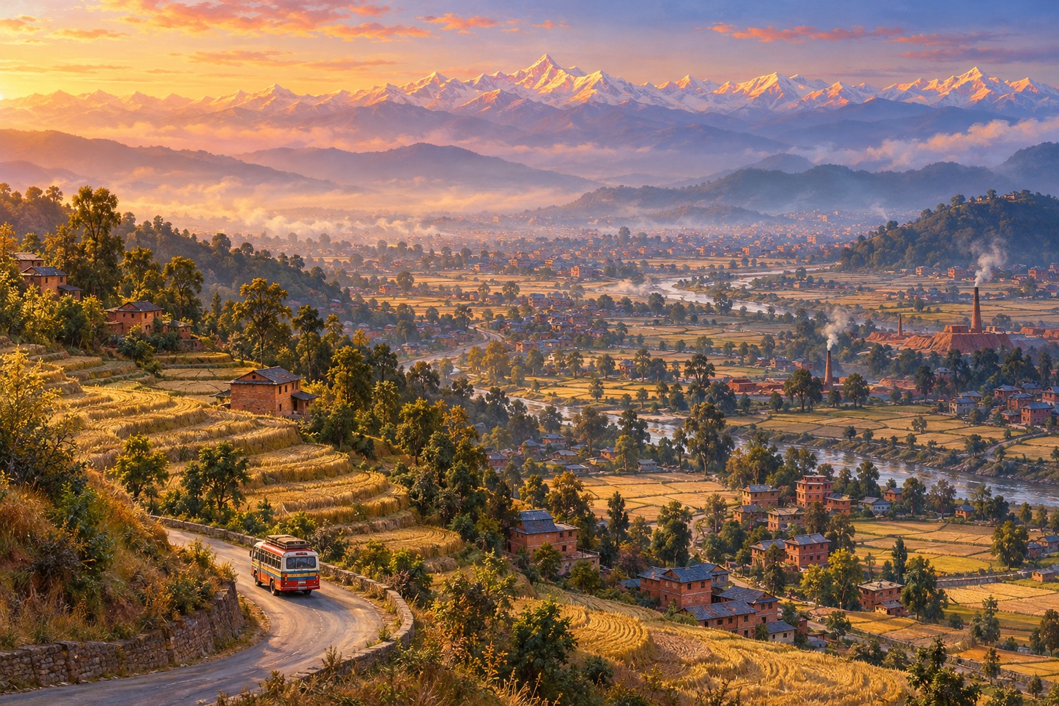 Seen from high above, a small bus climbs a winding road through golden harvested terraces, with a line of snowy mountains appearing through the haze far away.