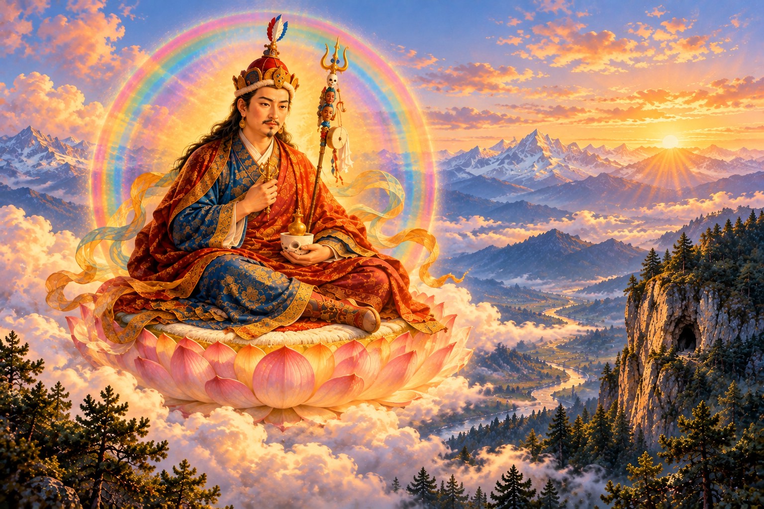 Guru Rinpoche in his peaceful main form sits on a lotus throne on luminous clouds in a rainbow sphere, high above a granite cliff and a misty forested valley at dawn.