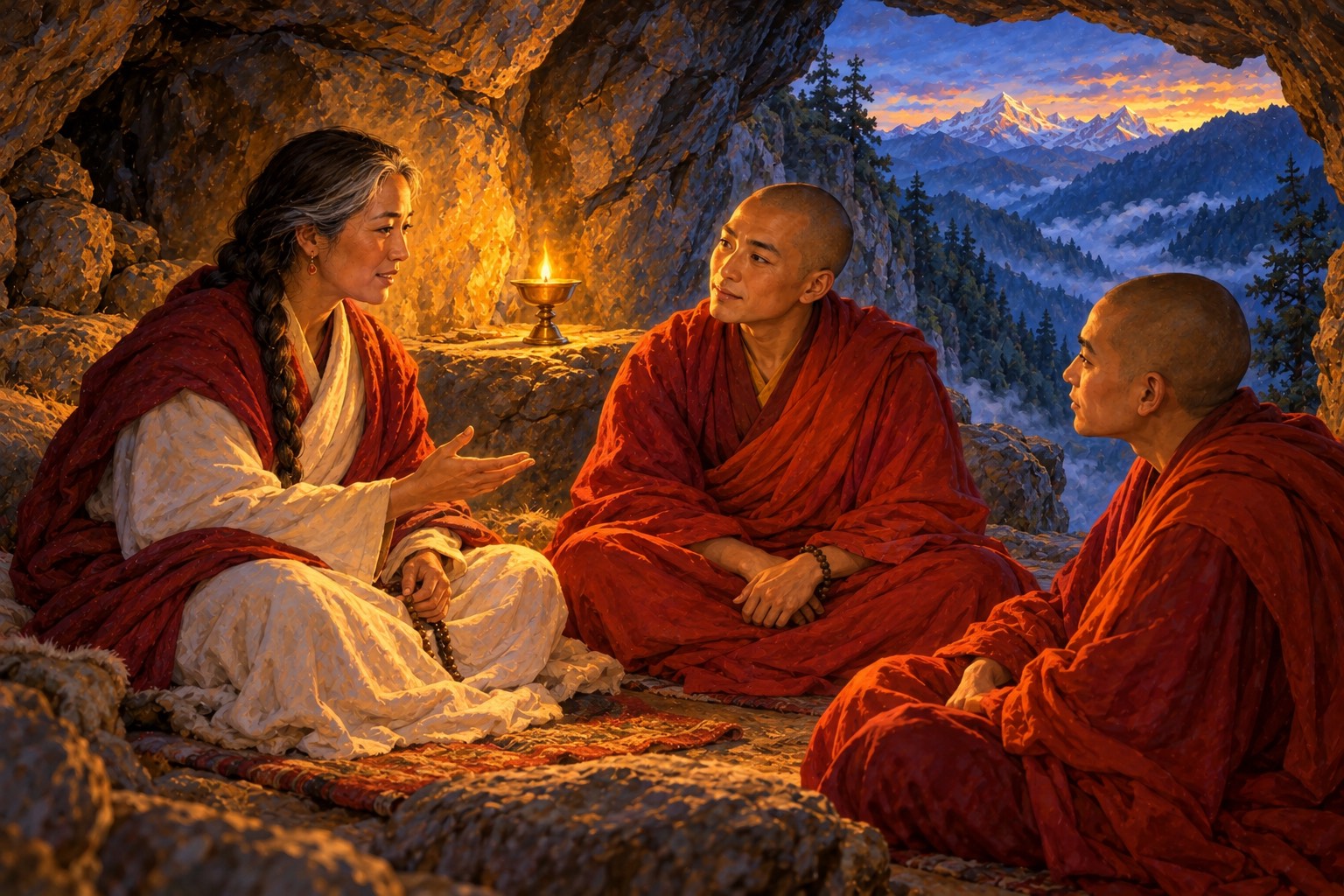 In a lamp-lit cave, Yeshe Tsogyal, a mature woman in white robes and a dark red shawl, speaks quietly while two young monks in ochre-red robes sit facing her and listen closely.