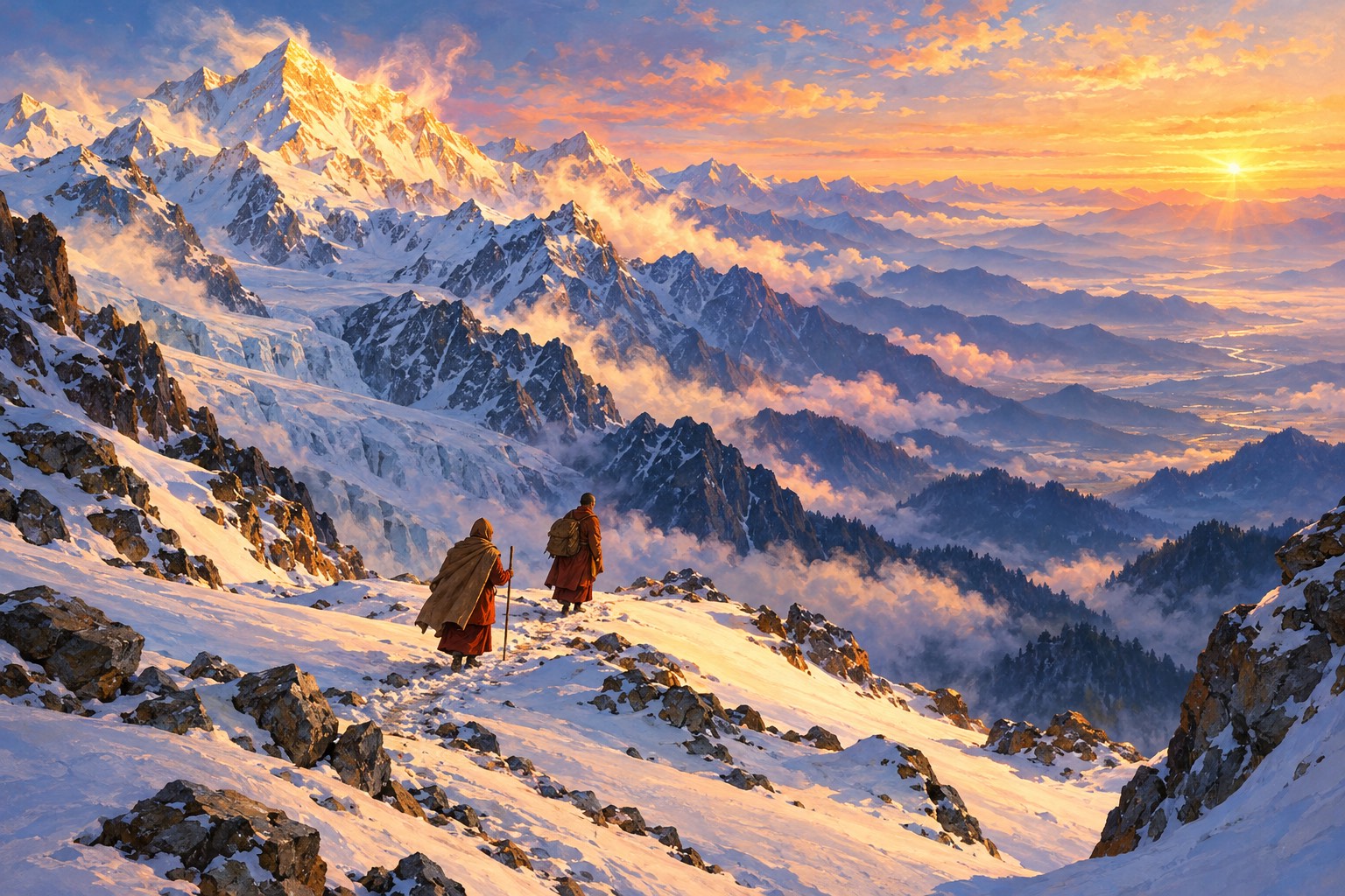 Two tiny robed travellers cross a snowy mountain pass at dawn, with golden light on huge white peaks and blue haze over valleys stretching south.