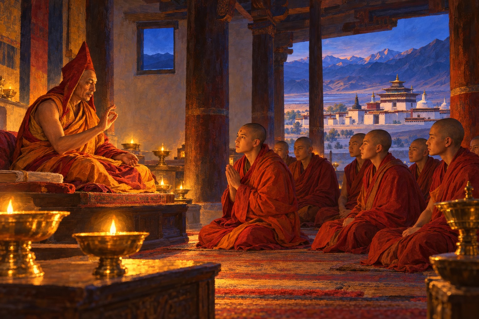 In a lamp-lit hall with dark wooden pillars, an elderly Indian abbot in a pointed red hat raises his hand over a row of young Tibetan men with shaven heads, kneeling in new red robes.