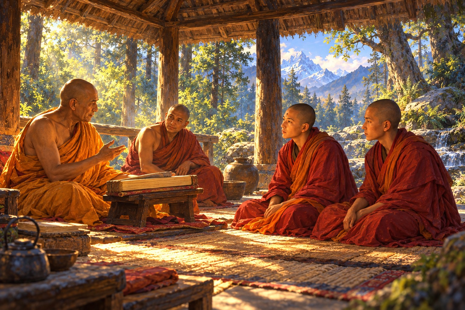 In an open thatched pavilion, an Indian monk-scholar teaches from a palm-leaf manuscript while two young Tibetan monks listen.
