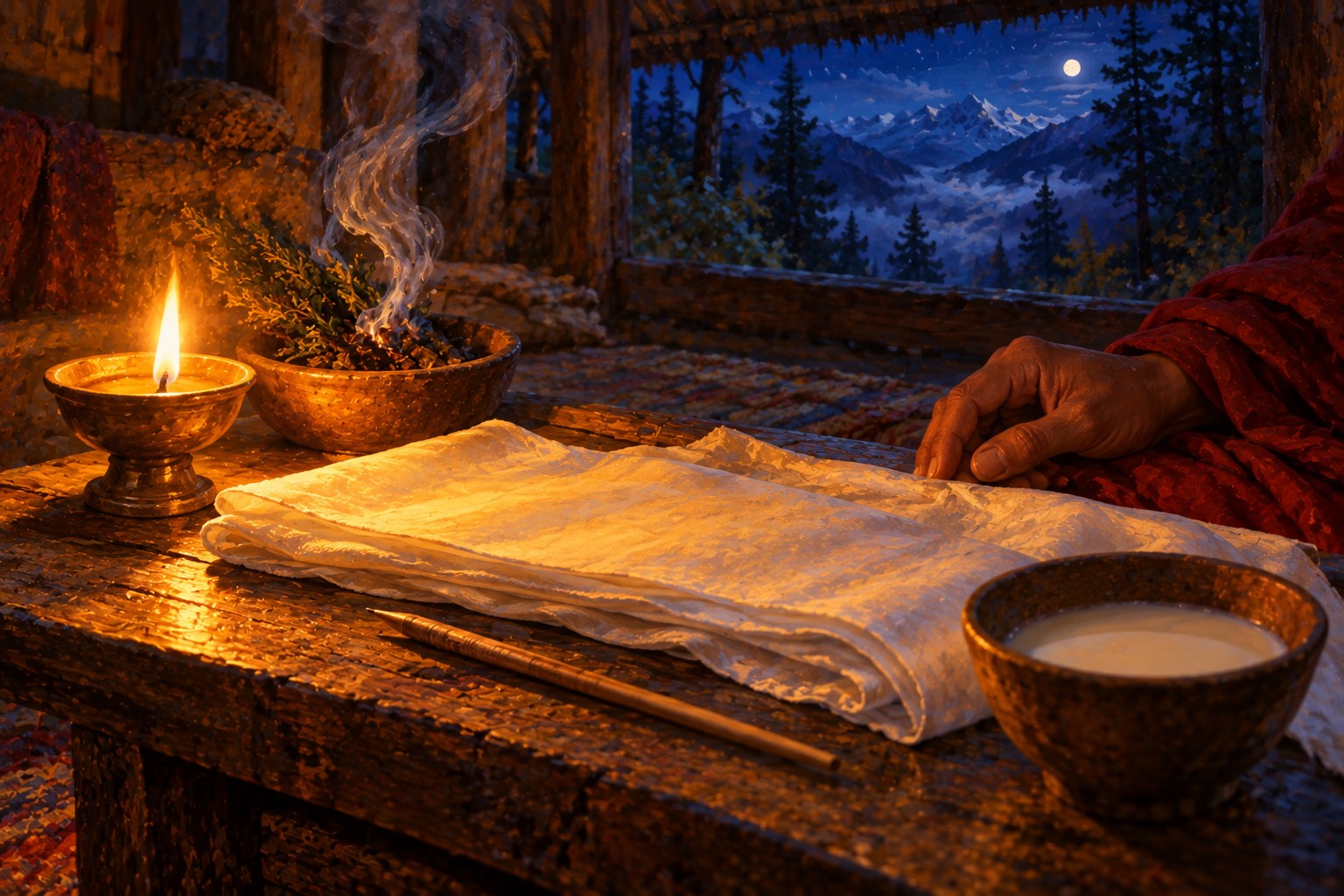 Close-up by lamplight of folded white silk, a small clay bowl of milk and a thin stylus, with a curl of smoke drifting over the cloth.