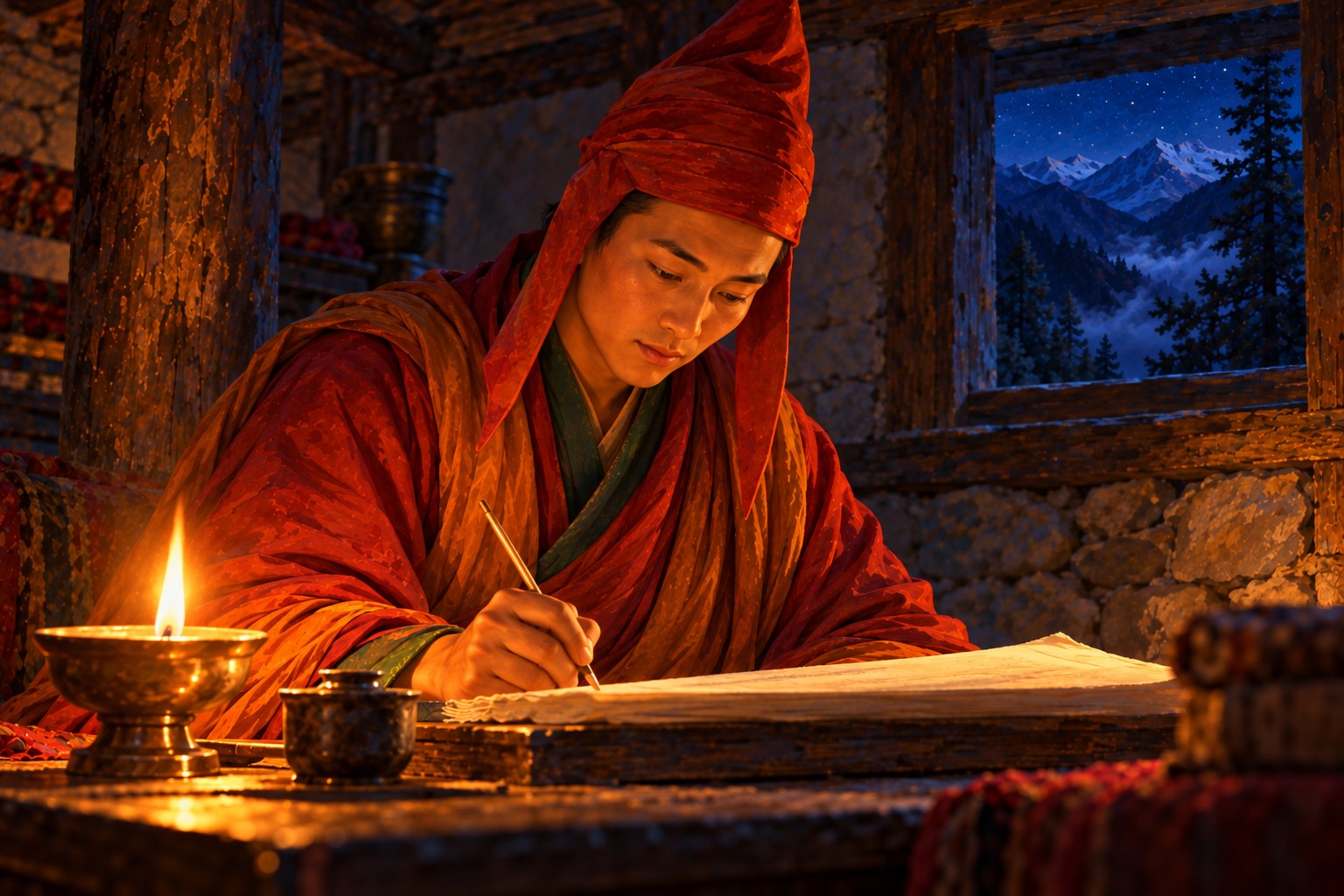 By the light of a small lamp, a monk in a pointed red hat bends over a long page with a bamboo pen, the page turned away from view.