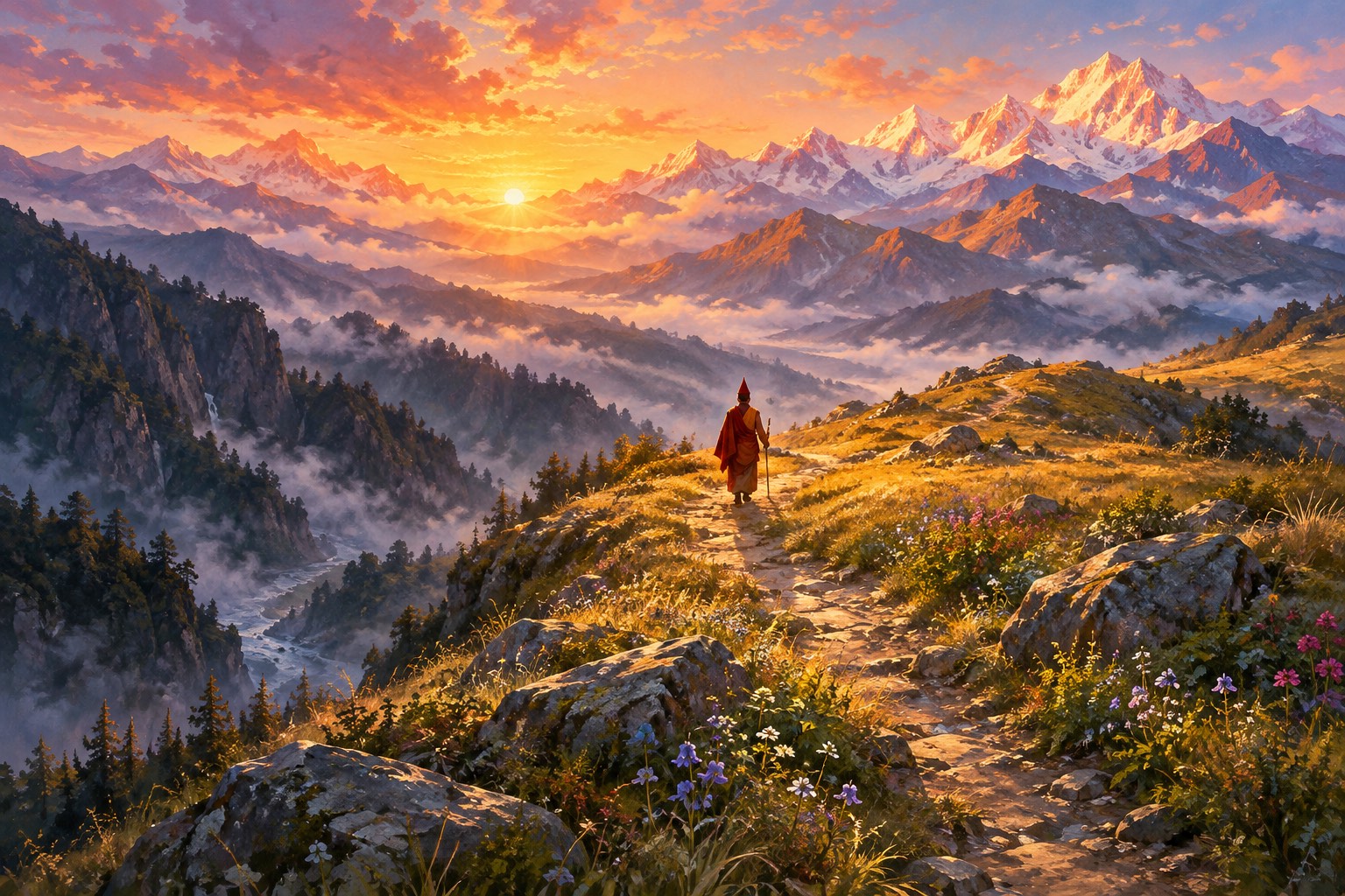 At dawn, a small figure in red robes and a pointed hat walks along a path leading out of misty forested gorges toward distant snow peaks.