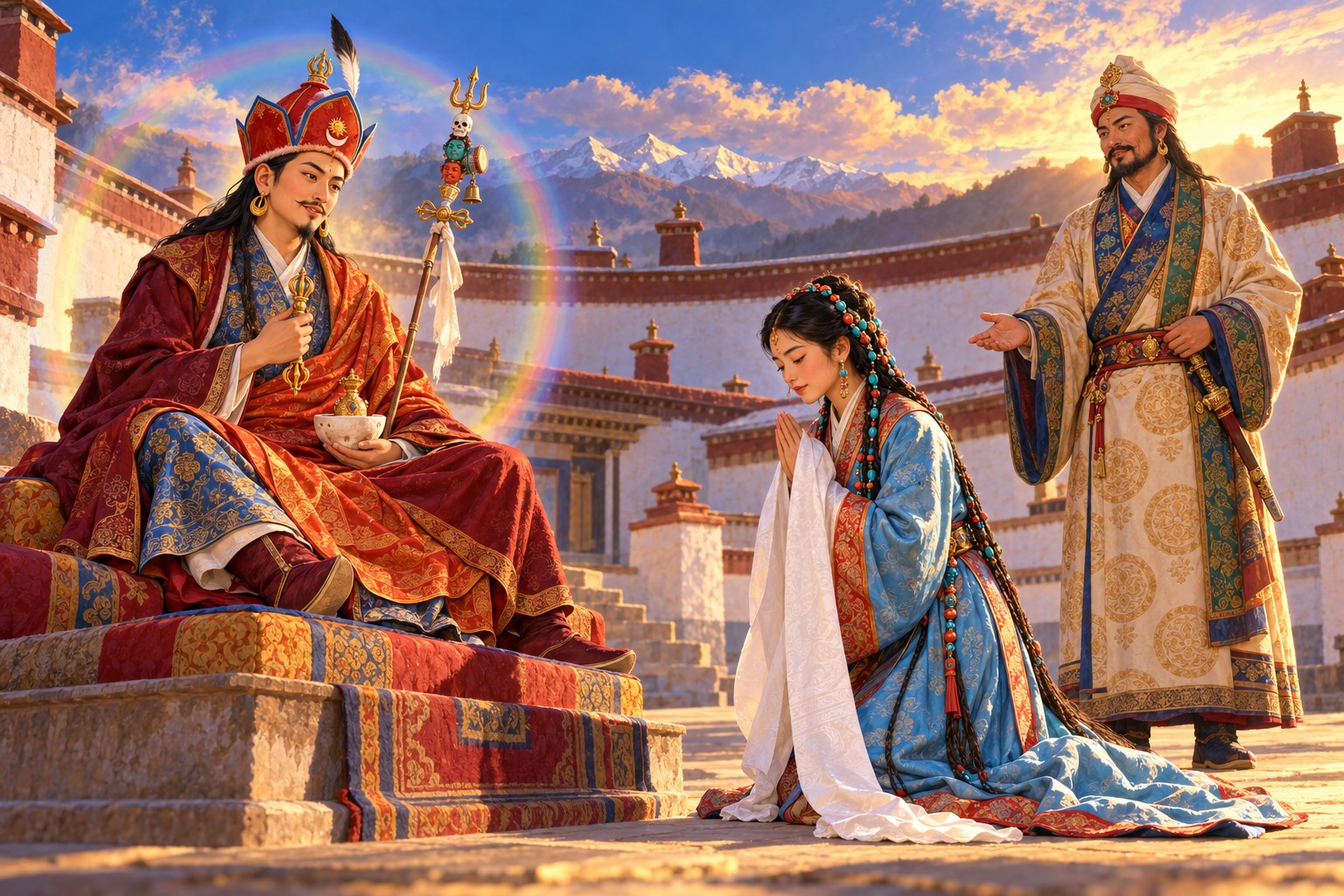 In a sunlit temple courtyard, Guru Rinpoche in his lotus hat sits on a raised seat while a young Tibetan queen kneels before him with joined palms and a white scarf, and the king stands behind her.