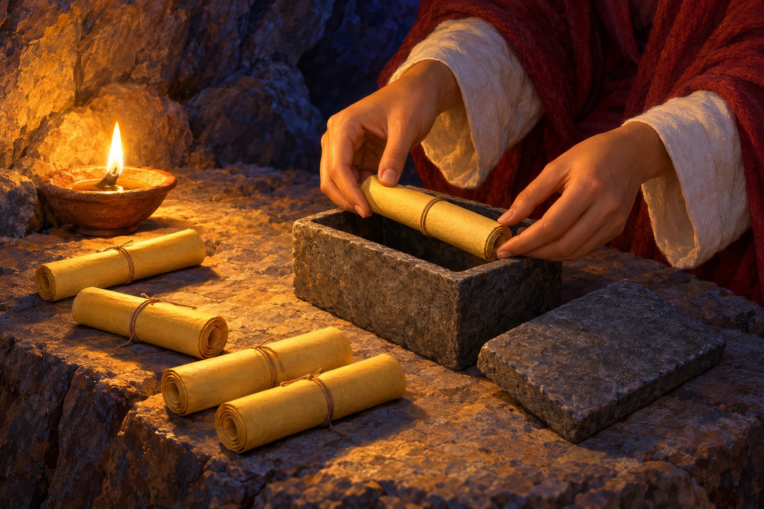 By lamplight in a cave, a woman's hands place a small rolled yellow scroll into a plain stone casket beside several other tied scrolls.